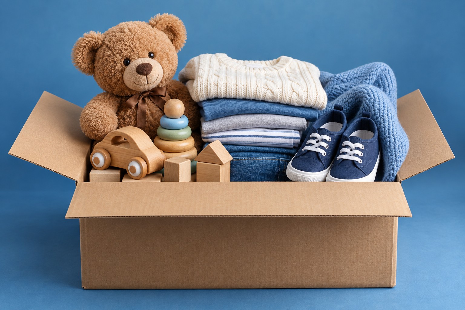 Imagen de referencia: caja con ropa doblada, zapatos y juguetes en buen estado