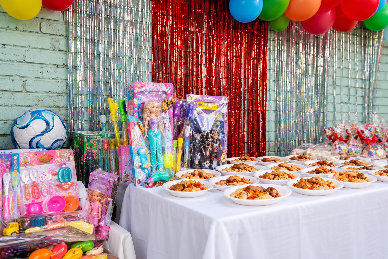 Recreación visual de juguetes y alimentos de la posada, basada en la imagen compartida por la fundación